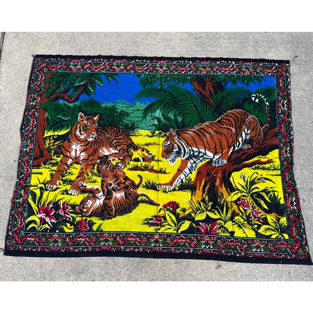 Vintage Tiger Cotton Fab Wall Tapestry Rug Made in France 53 X 39.5 Retro Jungle